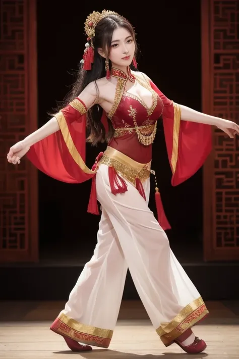 The woman is wearing a maroon red and yellow ancient dance costume, including a full-length halter top blouse, and chiffon trousers on the bottom. She is an oriental beauty with a very Chinese style. The costume is very Song Dynasty style. She has her back...