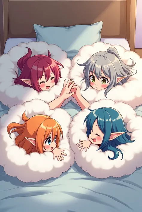 An anime-style art depicting many elf-girls playfully wrestling with each other inside a bed comical fight cloud(magic cloud).
each elf-girl has different  colored hair.
their faces,hands,and feet are visible emerging from the cloud as they tussle humorous...