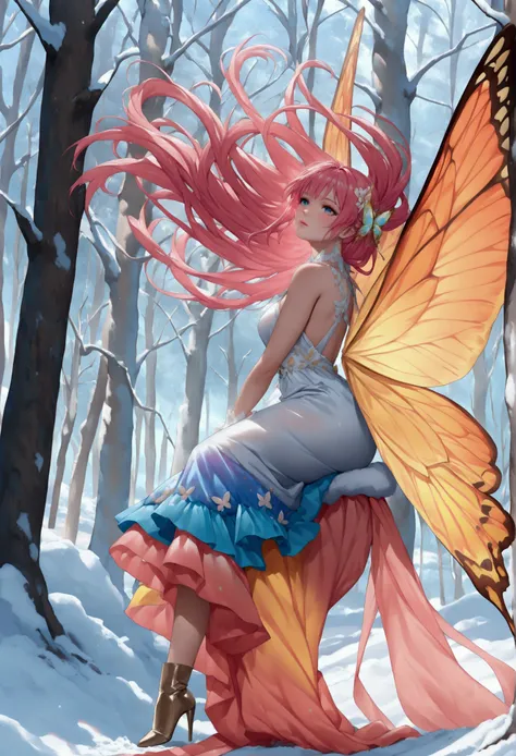 score_9, score_8_up, score_7_up, score_6_up, score_5_up, score_4_up, watercolor art of a most beautiful fairy playing in the snow, (full body shot: 1.3),  a beautiful fairy, spread butterfly wings, dynamic hair color, dynamic hair style, busty, wearing col...