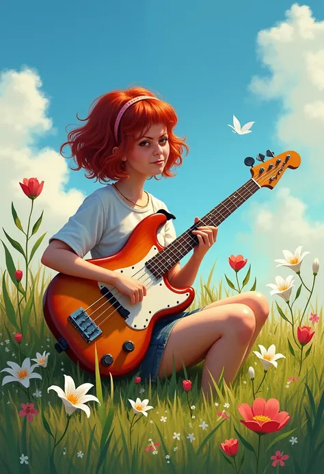 FIRST WORK、 top quality 、morning、walk。(spark:0.7), landscapes, a girl sitting on the grass, holding a bass, ticking low, calm expression,  garota branca com olhos castanhos e cabelos vermelhos cacheados, garota de  short hair, 1 garota, 1girl, lilies, Indi...