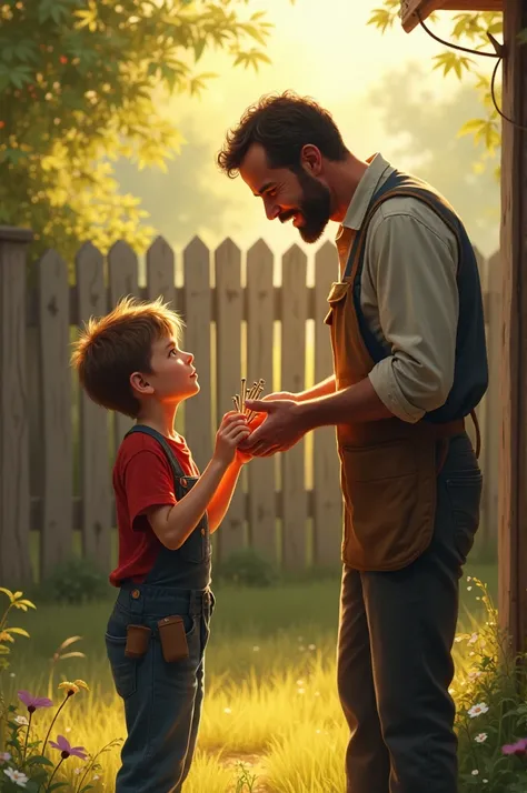 "The father handing a small bag of nails to his son with a warm smile, while the boy looks at it with a confused expression. Behind them is the wooden fence of their garden, glowing in the soft golden light of the late afternoon sun. The father’s gesture i...