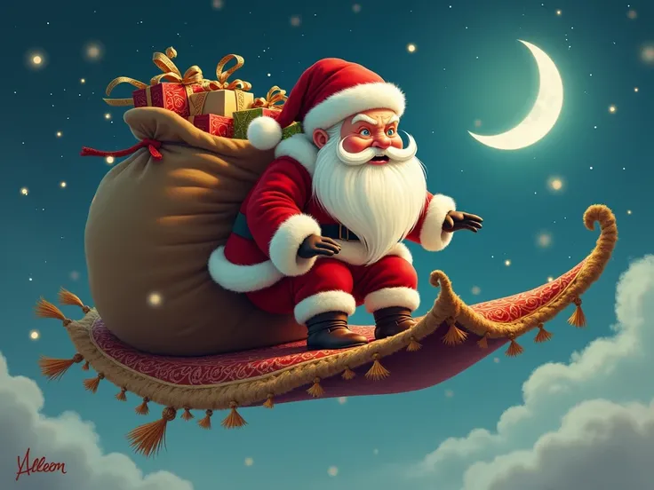 santa on a flying carpet with his bag of gifts. santa looks worried that he might fall off.