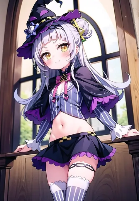 solo, masterpiece, best quality, good hands, blush, smile, closed mouth, navel, midriff, aashion, 1girl, long hair, (single hair bun:1.1), short eyebrows, small breasts, hairband, witch hat, pink bowtie, black capelet, pinstripe shirt, long sleeves, midrif...