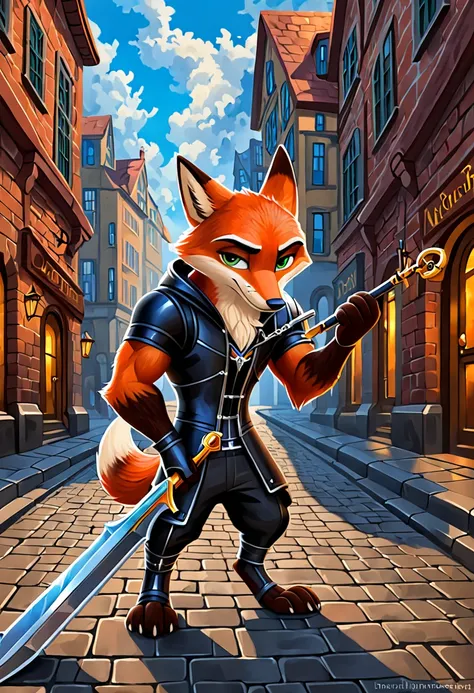 Nick, the fox man in Zootopia 、Im walking quietly through the streets of Zootopia at night 、 wearing a shiny long black XIII engine hood、 from the XIII engine。 green eyes。 muscular。 handsome。Head-to-body ratio is 4。She poses with the handle part of the key...