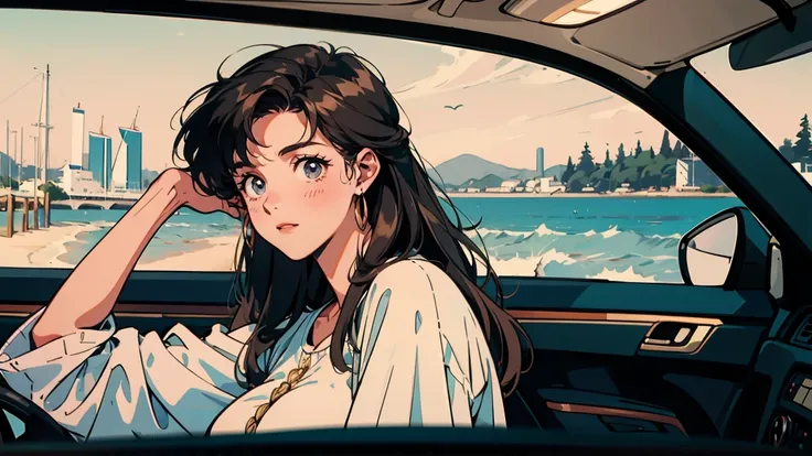  top quality, 8k,  1990s style , 2010s hairstyle, 21 year old girl is driving,  black hair, Big Breasts,  long hair,  light brown eyes, Inside the car,  sideways,  behind the wheel ,  The background is the seaside , horizontal line, Shining sand, white shi...