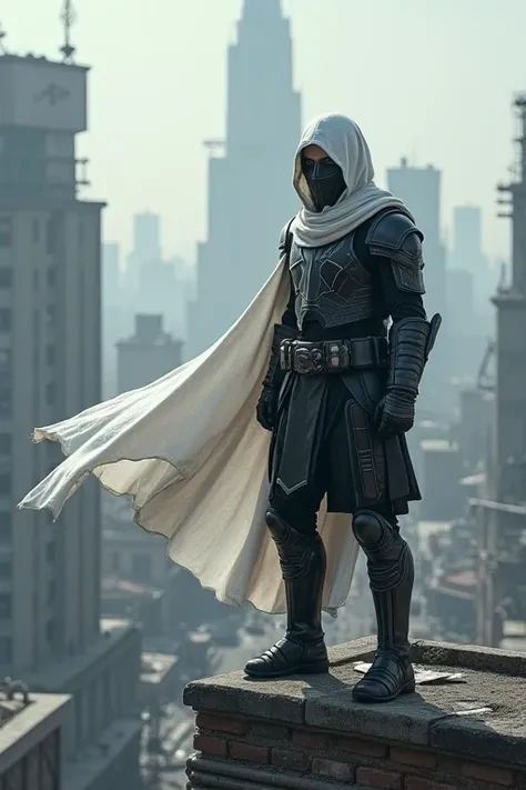 A teenager wearing black armor ,  a black mask and wearing a white cloak and a white hoodie ,  he is on top of a building in the middle of a city that is at war