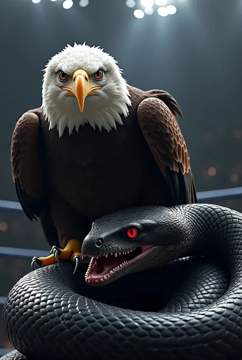 A highly detailed digital artwork of a fierce bald eagle with sharp talons perched on a large black snake in a dramatic wrestling ring setting. The snakes body is coiled, its scales are glossy and textured, and it looks menacing with red, glaring eyes. The...