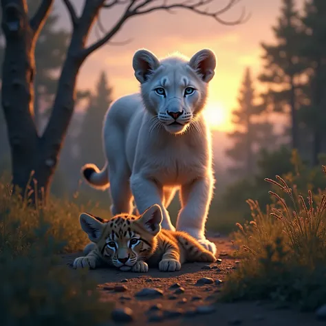 **"A dramatic and emotionally charged scene set in the rugged wilderness of a forested savanna, just as twilight sets in. A rare white lion cub stands over the lifeless body of a lynx cub, having just defeated its smaller, agile opponent. The white lion cu...