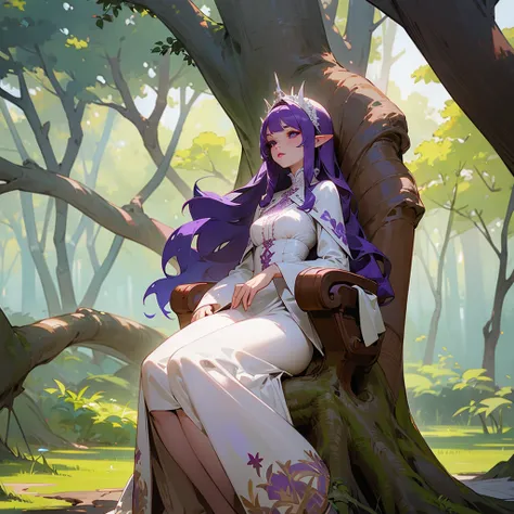  Make an image of a beautiful woman , white-skinned ,  in a white lace and embroidered dress , purple hair,  pointy ears and burgundy lips . Sitting on a throne made of tree roots,  with a thunderous tree in the background of a shady garden.