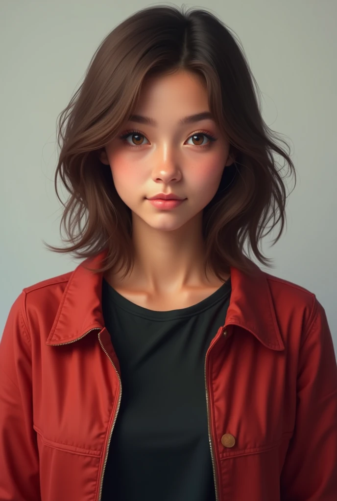 A American 24 years  old girl looking at the viewer wearing red jacket and black t-shirt  realistic 