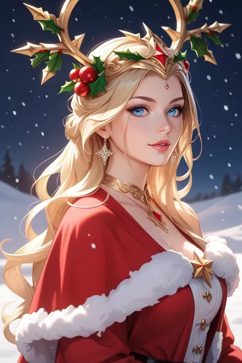 Portrait of a beautiful empress, Blonde, Perfect Blue Eyes,  amazing, amazingly large christmas headpiece, Clothing Santa Robe, All About Christmas, snow, Symmetric,  dramatic studio lighting ,  Rococo, Baroque, green, ,  hyperrealism ,  closeup , d&d, fan...