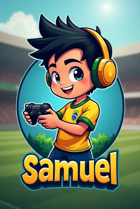  create a mascot logo where the mascot is a gamer boy with black hair wearing a Brazilian soccer shirt and has the letters “SAMUEL” on the bottom, with a soccer background and that has headphones and a control in his hand  