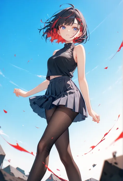 1girl,black hair,multicolored hair, red hair,bob cut,blue eyes,black tops,sleeveless,pleated skirt,mini skirt,pantyhose,black shoes,blue sky,clear sky,
