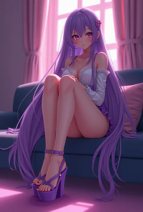 character: shemale from anime com with Loli style hard point with your legs you must show us your feet long and silky violet-colored hair with sensual and attractive makeup Showing the wedge heels platform sandals fron 16cm , five toes on each foot , Manda...