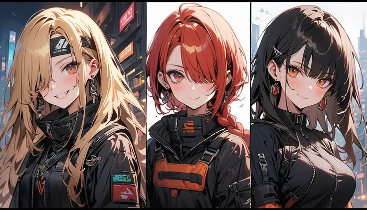 (7 split screen , created on 7 pages ,game),( beautiful girl : 1.3),7 girls,(protective clothing,headband, earrings, Assault Rifle),Blonde, black hair,Brown Hair, Silver Hair, red hair,Blue Hair,Green Hair, ponytail, bob cut, Straight Long Hair , shorter h...