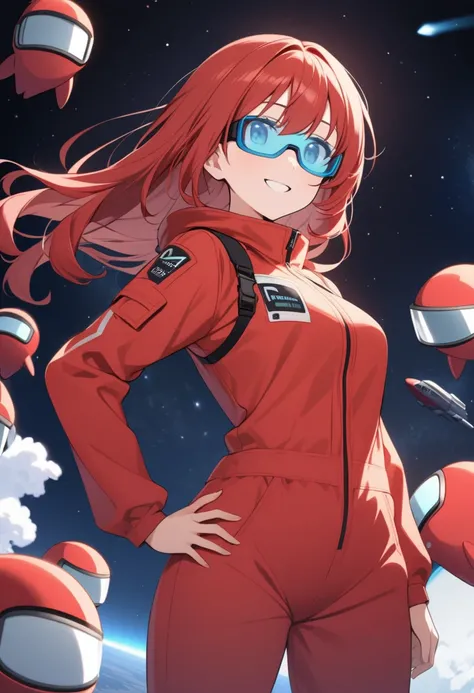 Among Us Red, 1 girl,  long red hair, red jumpsuit, smile, sky blue safety glasses, Space background, Very delicate