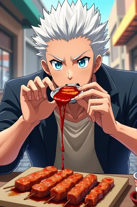 Make me a picture of Gojo Satoru from the anime Jujitsu Kaisen eating barbecue in selfie.