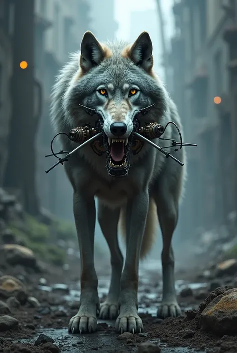 A wolf with a mechanical mouth