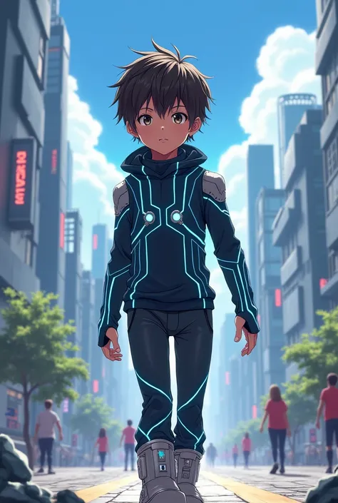 Draw this young boy around 12 to  in anime style， Good looking and with a touch of curiosity 。He has short hair ，May be dark brown or black， The hairstyle is a little messy but not disheveled 。 making his facial features more three-dimensional ， reveals th...