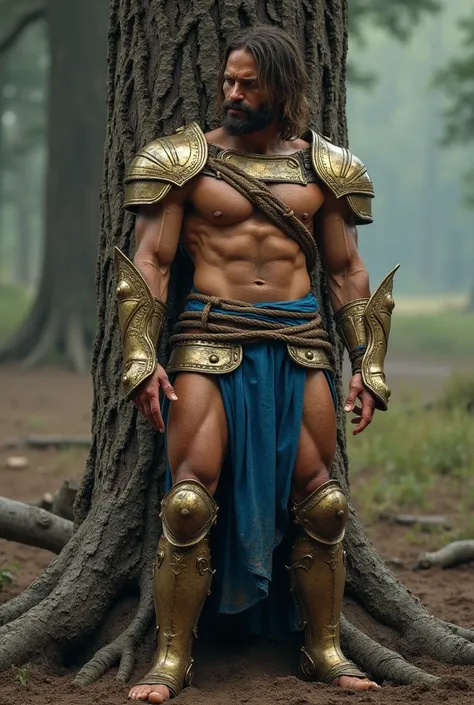 A king with muscular body, wearing blue bottom only dress up to ankles, wearing golden armour, being tied on a tree, in a mud ground, tired body, sweating, being defeated 
