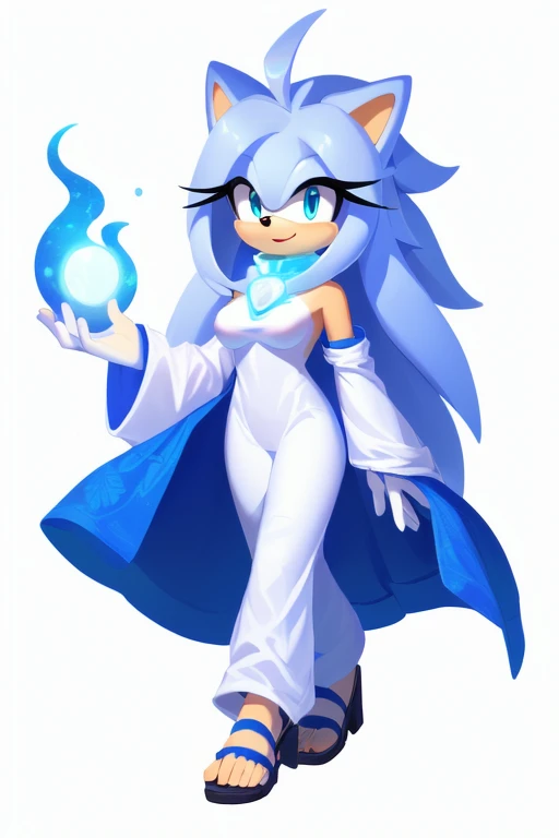 oc, Mobian, female, silver the hedgehog but female, spirit hedgehog, A beautiful white furred hedgehog (white) not blue white, , blue eyes, very long hair/quills with hair ornaments, long hair bangs, long streaks of hair on each side of her face, ornaments...