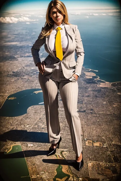 Giantess art, 100 miles tall giga giantess, sophisticated and stylish woman in a light grey italian pinstriped trouser suit, form fitting crisp white office shirt, and a large wide yellow necktie in a windsor knot, with a beautiful, curvaceous figure, larg...