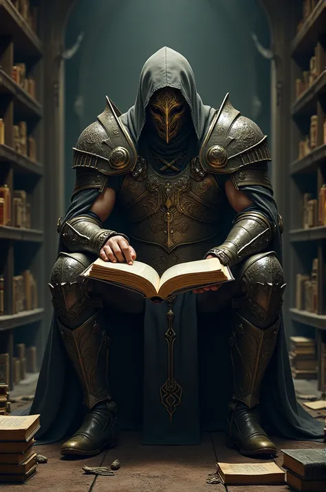 A warrior wearing a mask and armor sits in a dark room feeling sad while holding a book