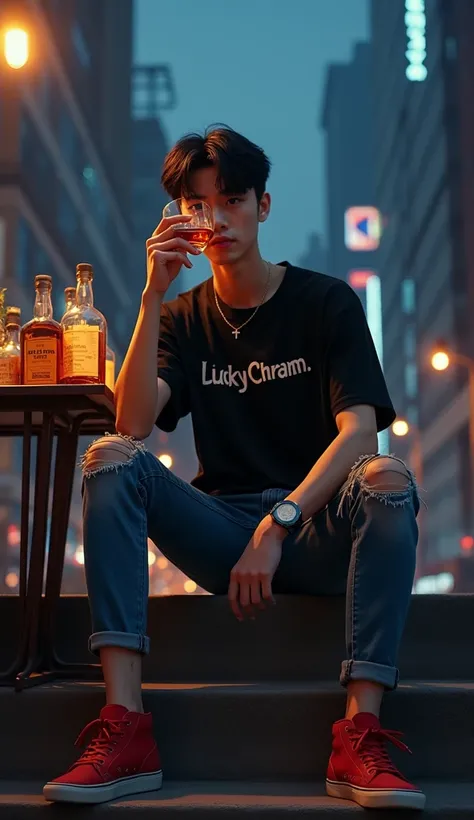 a very handsome young Korean man with trendy hair, sitting on the stairs holding a glass of whiskey, the man is wearing a black t-shirt with the words "LUCKY CHRAM", his tight blue jeans are torn at the knees, his red shoes are hurriedly, in front of him i...