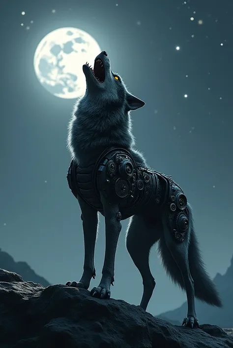 A wolf with a mechanical mouth howls at the moon