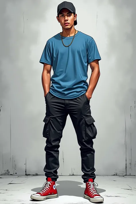 This is a digital image in manga style, featuring a young Indonesian man, wearing a black baseball cap, blue t-shirt, black cargo pants, red converse shoes, photo shoot model pose, gray comic page background depicting the man act