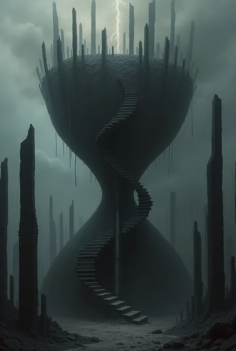 masterpiece, style,only use two-color abstract painting in ( dark black) and ( dark gray ),The Jet Black Tower , Stone Tower that continues to collapse , Shaped like an hourglass ,Roofless,Upside down spiral staircase , The spiral staircase continues from ...