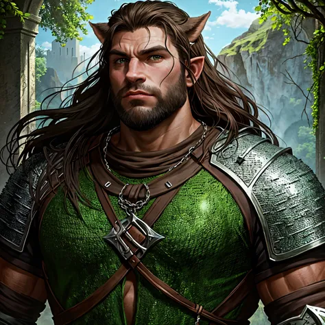 Portrait of a (half-orc (male) warrior), front view, (medium shot:1.3), one person standing, stooped build, tall and muscular build, long messy dark brown hair and beard, thick bushy eyebrows
BREAK
green eyes
BREAK
olive brown skin, pointed ears, (huge hyp...