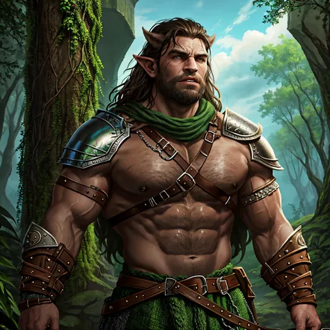 Portrait of a (half-orc (male) warrior), front view, (medium shot:1.3), one person standing, stooped build, tall and muscular build, long messy dark brown hair and beard, thick bushy eyebrows
BREAK
green eyes
BREAK
olive brown skin, pointed ears, (huge hyp...