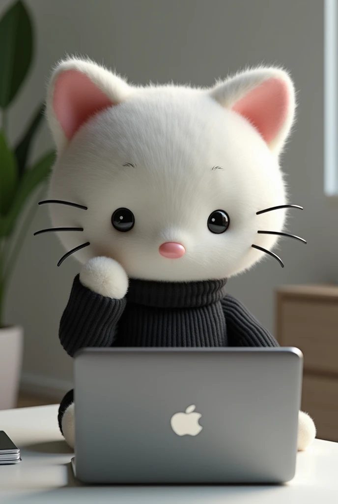 Realistic hello kitty character wearing a black turtleneck behind a laptop