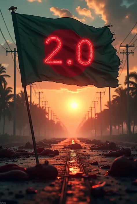 Bangladesh 2.0 written on bamgladesh flag with some vusual of horror and blood. Make the writing more visible. Make the 2.0 glittering. Sunrise from behind. Scenes of past horror and blood below. Scenes of horror amd blood around. Blood and dead bodies on ...