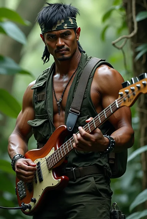 South east asian hunter no beard wear rambo outfit style hold guitar bass