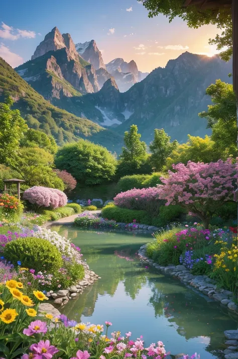  external contact requirements ，Mountains in the background，Flowers in bloom，Bright colors， Detailed Scenery ， beautiful natural silver landscape ，Mood lighting，Scorching sunset，Warm colors，practical，practical摄影，Delicate leaves，Complex buildings， cobblesto...