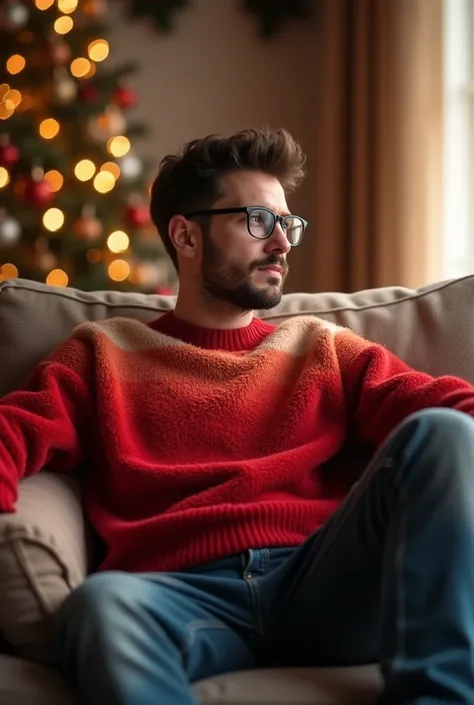 A young man with glasses and gradient fluffy Red sweater and make him sitting on the sofa for the christmas