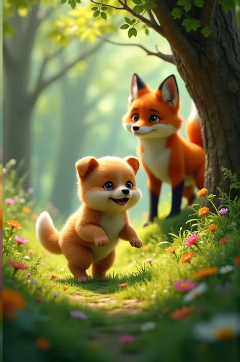 A small, fluffy puppy with light brown fur is playing in a lush green forest. The forest is filled with tall trees, colorful flowers, and soft sunlight streaming through the leaves. The puppy looks playful and innocent as it runs through the grass. In the ...