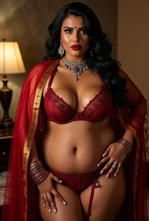 Fit, Red saree VEIL, Big lips, full body picture , BBW Wet curvy, wet Desi woman showing her big ass  in sexy THONG pattern sexy  lingerie and showing cleavage and in nose ring, many bangles in hands,earings, necklace ,lipstick ,navel,Indian, Chubby, showi...