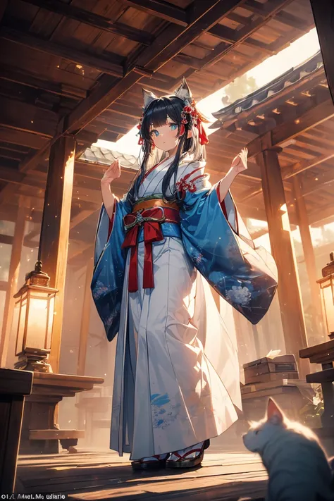 ((masterpiece:1.2)), (( top quality:1.2)),  1 Shinto Shrine Maiden((Cat ears, (Priestess Outfit :1.3), Tied black hair, (Azure Eyes :1.2), [Cat ears:1.4])), ( full body, whole body:1.3), (There is a beautiful white snake in the back:1.3), (The shrine maide...