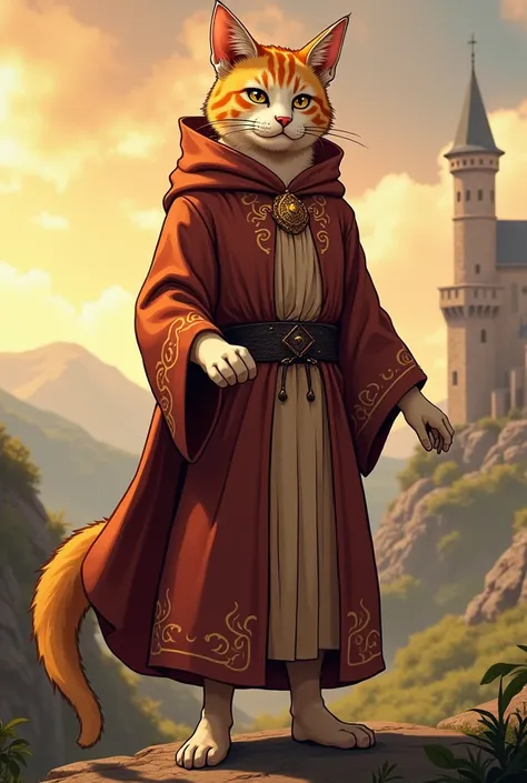 Anime style. A tall humanoid cat species that wears brown medieval robes. 