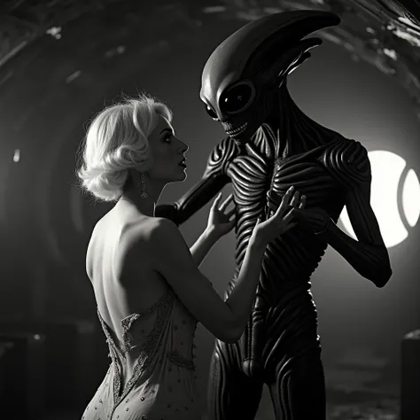 black and white close-up cinematic photograph of a beautiful blonde woman, Maly Delschaft style hair, sexy and sculpted body, beautiful breasts, wearing a dirty and deteriorated 1920s style dress, standing (((scared))) inside a spaceship with an alien with...