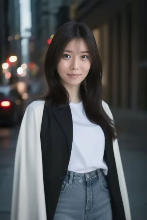  Beautiful female model portrait、Natope  ., Georgia Fowler,   facial beauty, Long burgundy hair, Cyberpunk city at dusk.   white t-shirt、She is wearing a blue long coat。.,  jeans negros ,  Dramatic lighting, (Police Badge:1.2)