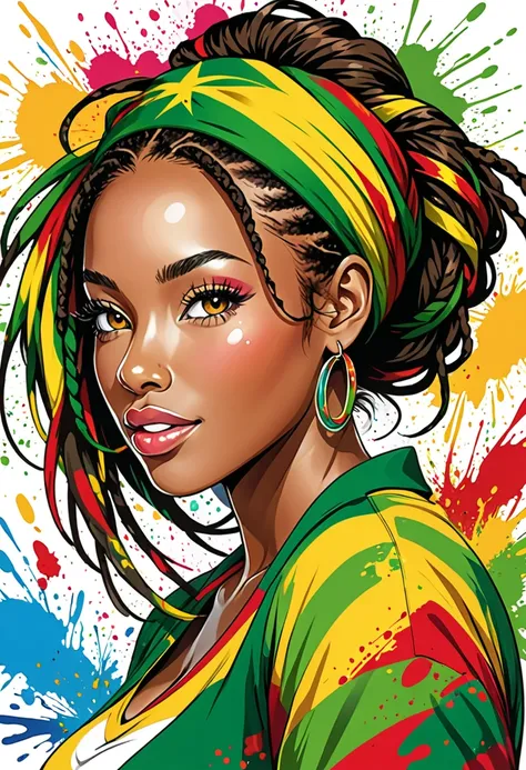 vectorial art, With lots of Jamaican reggae, female, Authentic Jamaican reggae music atmosphere，colorful illustrations, At the center, swirly vibrant colors, paint splashes and smears, high détail, white background
