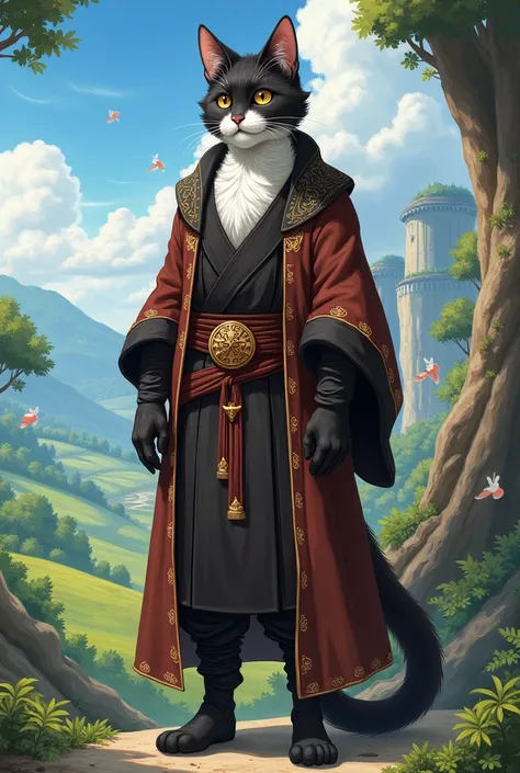 Anime style. A tall humanoid cat species that wears brown medieval robes. Tuxedo cat.