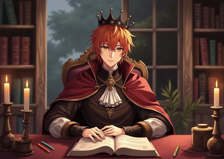 Male anime character sitting in a chair The table has pencils, a book and candles at the back of the window and bookshelves with cinnamon hair with cinnamon eyes with brown and medieval clothes and with a dark crown and chain in the neck