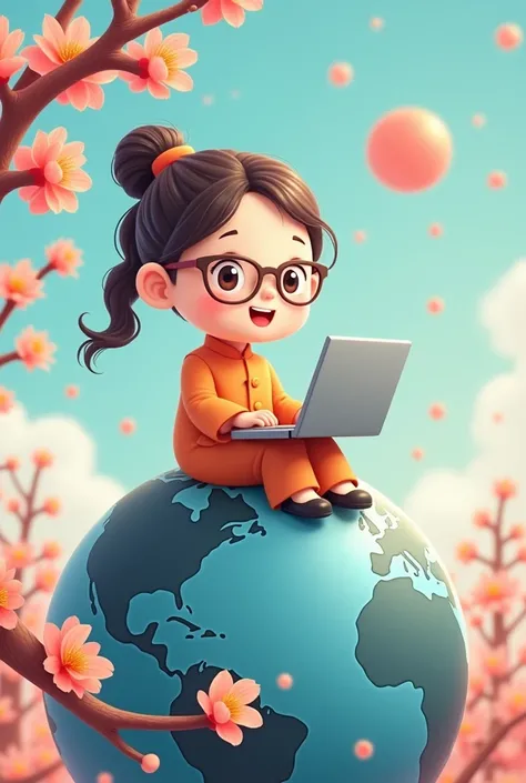  Cartoon female computer teacher figure ,round, wear glasses,white skin,  brown hair tied in ponytail ,  wearing traditional Vietnamese tunic ,  sits on a navy blue circular technology globe, Tet peach blossom branch handle 