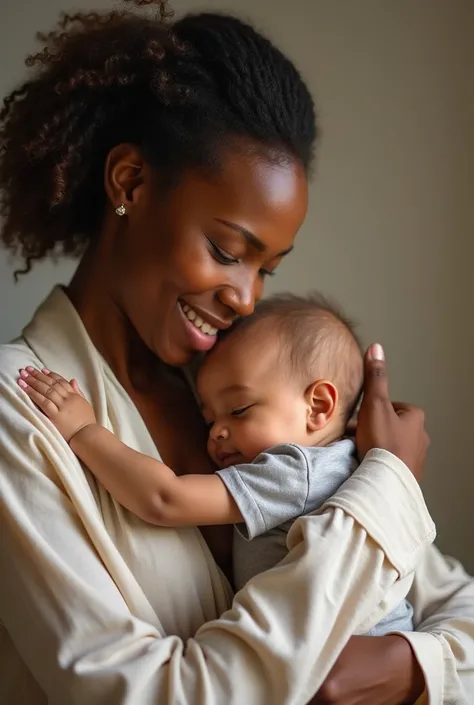 An African woman with a beautiful blond white baby boy on her lap for a Tik Tok profile 