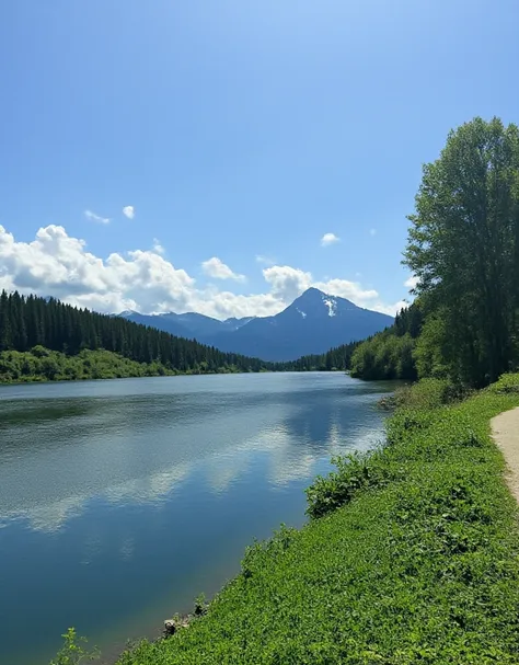 Hi. Can you please take a nature photo? Riverbank. Covered with grass. In the distance, the mountains. Blue sky. Realistic. View from the side. detaile.photorealistic.